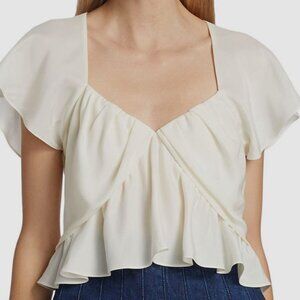 Frame Women's White V-Neck Short Flutter Sleeve Silk Blouse Top Size S